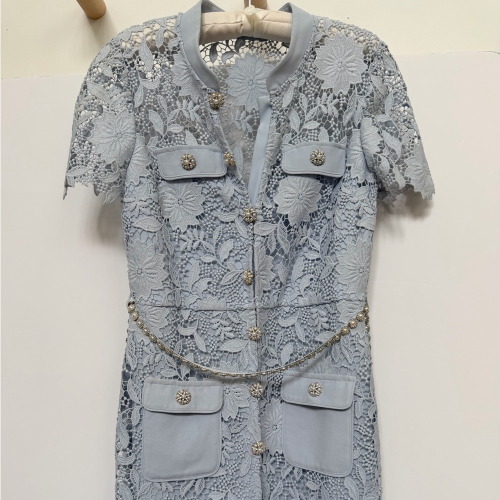 Self-Portrait Light Blue Lace Mini Dress with Chain Accent SZ 10